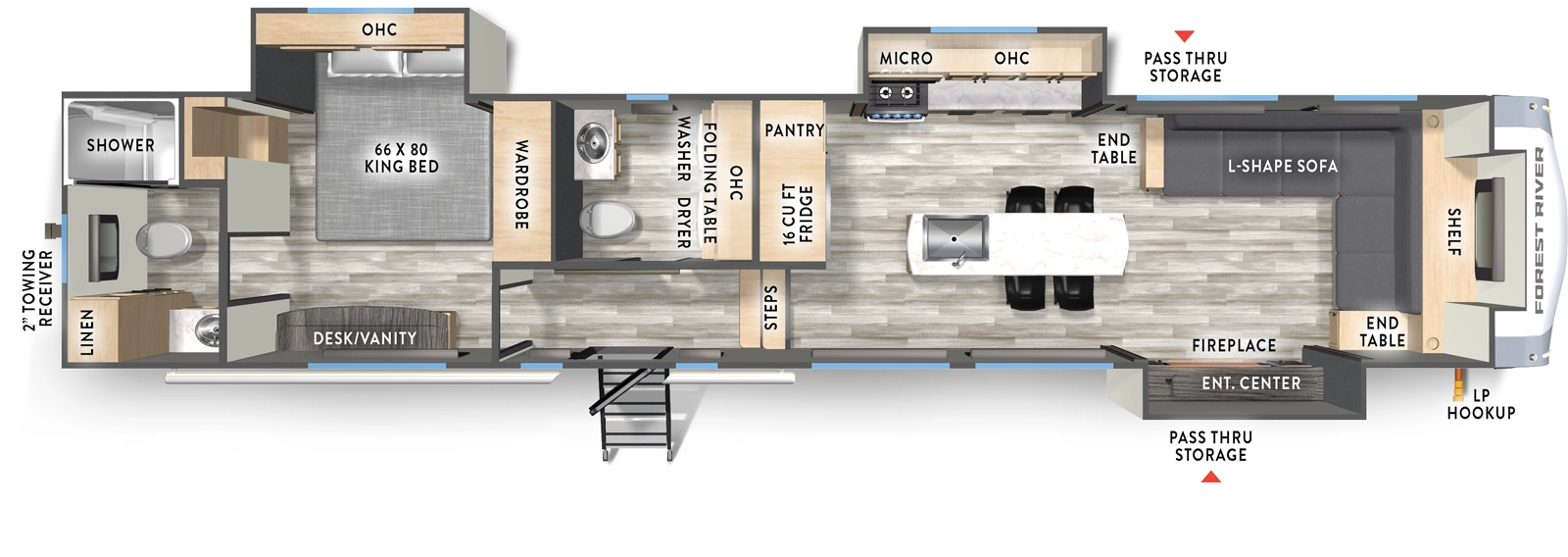 The Cardinal 37PUB floorplan has one entry and three slide outs. Exterior features include: fiberglass exterior. Interiors features include: kitchen island, front living, rear bathroom and bathroom and a half.